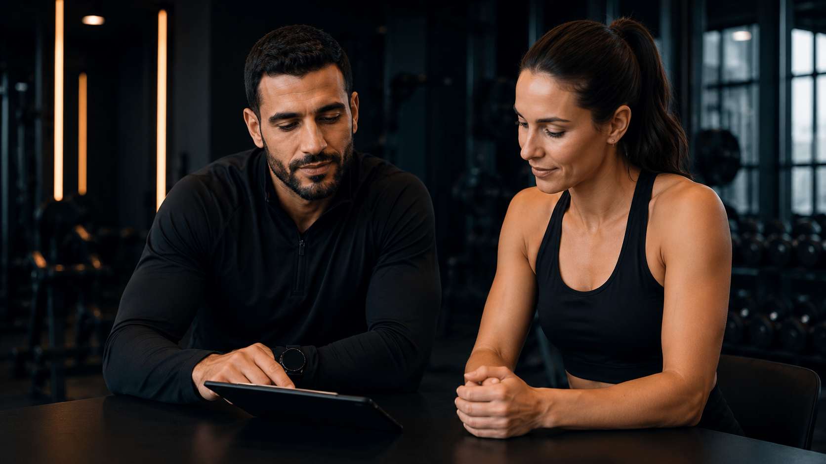 Hamza Fatil en consultation avec un client pour définir son programme sportif personnalisé